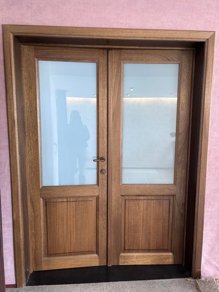 Massieve eiken dubbele houten binnendeur met glas, Ophalen, Zo goed als nieuw, Hout