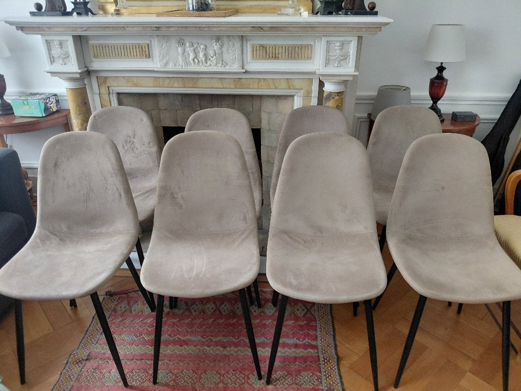 Lot de 8 chaises beige en simili-daim, Enlèvement, Utilisé, Autres couleurs, Cinq, Six Chaises ou plus