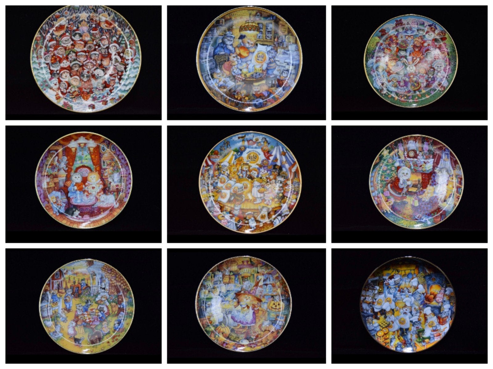 9 Assiettes de porcelaine  chats. Bill Bell., Antiquités & Art, Enlèvement