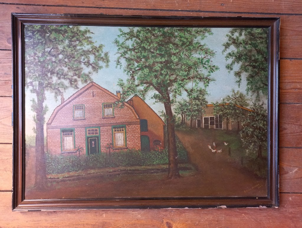 Naïef schilderij Nederlands huis  P.A. van der Heijden 1944, Ophalen of Verzenden, Gedateerd