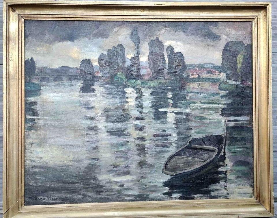 Huile sur toile paysage fluvial signe medard Maertens, Antiquités & Art, Enlèvement, Paysage, Toile