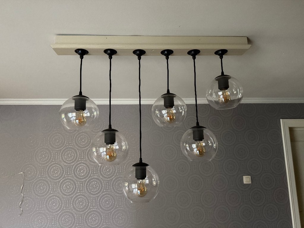 6-delige hanglamp / luster glazen bollen., Ophalen, Gebruikt, Glas, Landelijk