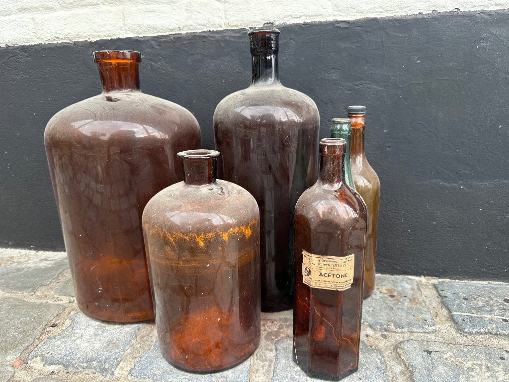 Set antieke apothekersflessen bruin glas (5 stuks), Antiek en Kunst, Ophalen