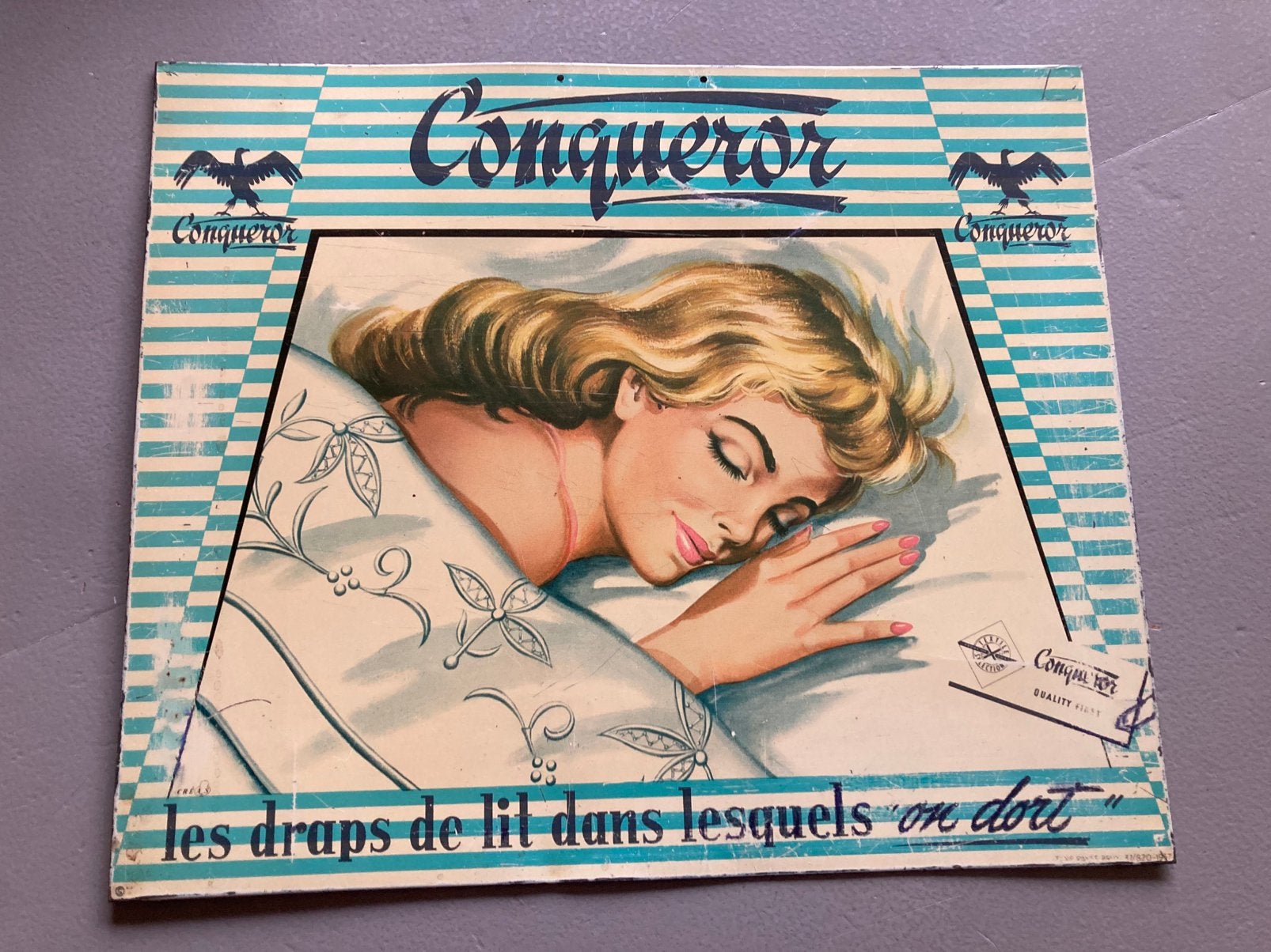 Conqueror beddengoed 1967, Verzamelen, Ophalen of Verzenden, Zo goed als nieuw, Reclamebord