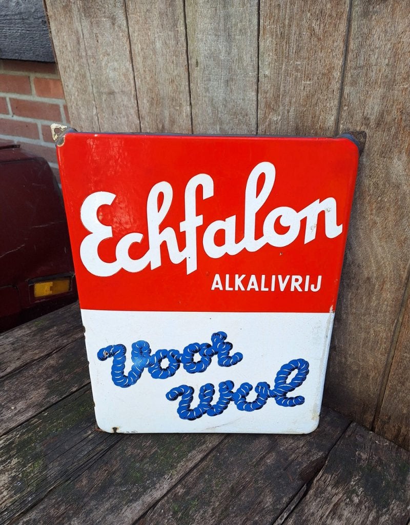 Mooi emaille bord van Echfalon Alkalivrij voor wol🧶, Enlèvement ou Envoi, Utilisé, Panneau publicitaire