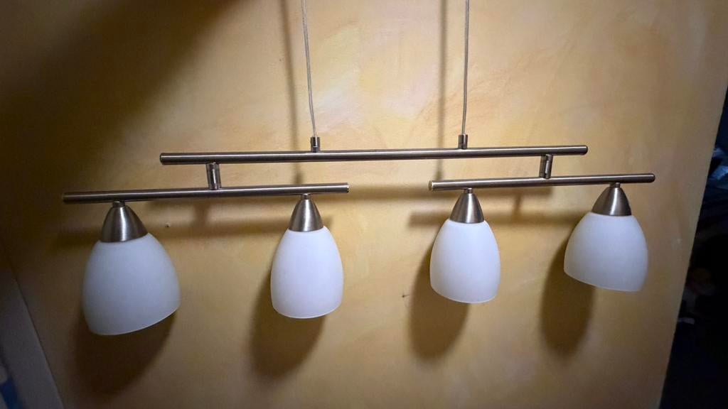 Luminaire/lustre en acier inox avec 4 abat-jour en verre, Enlèvement