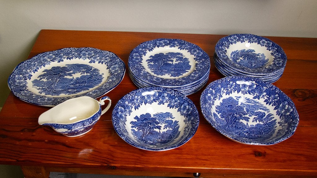 Vintage set Engels blauw Enoch Wedgwood Woodland porselein, Ophalen