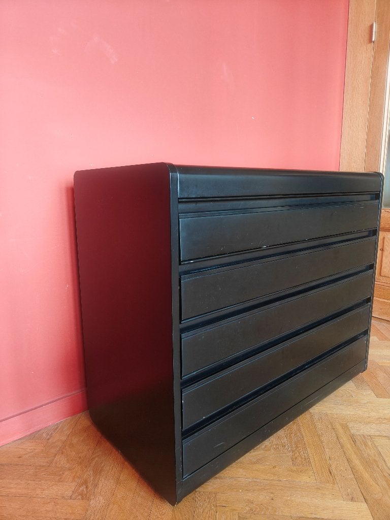 Commode noire, années 1970 à cinq tiroirs coulissants, 25 à 50 cm, 5 tiroirs ou plus, Moins de 100 cm, Synthétique