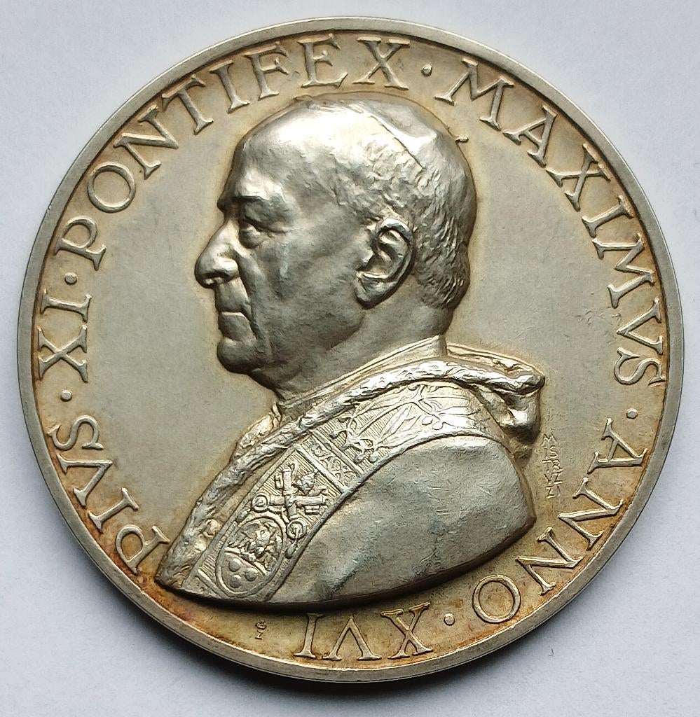 Ag medaille1937 pius XI anno XVI da Vinci michelangelo volta, Postzegels en Munten, Ophalen of Verzenden, Zilver