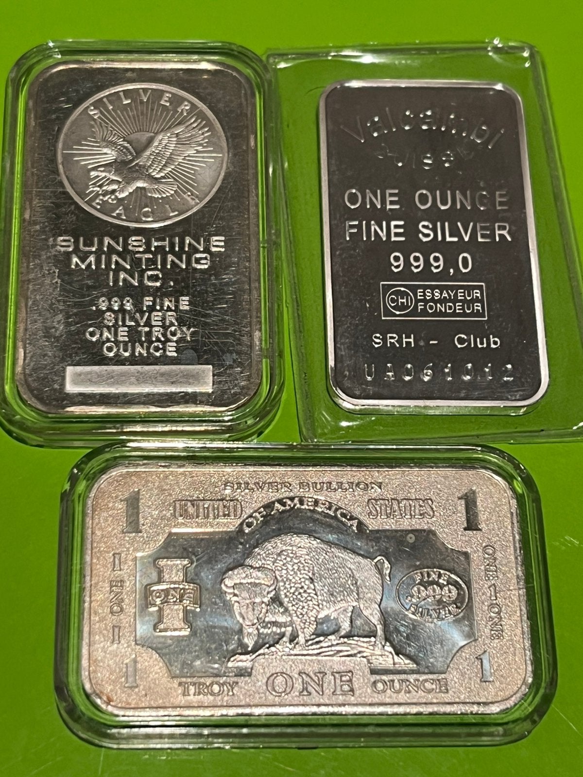 3 oudere zilveren baartjes 1oz Valcambi, Sunshine en Bullion, Enlèvement ou Envoi, Argent