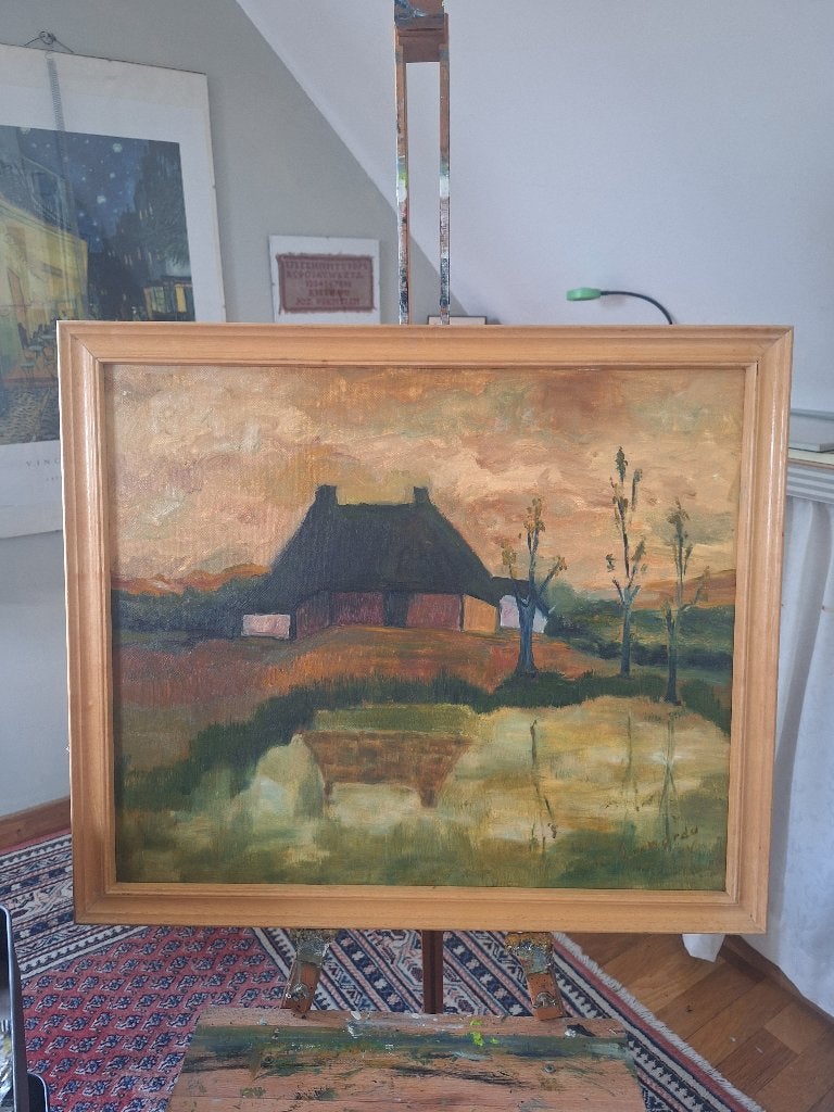 Schilderij olie op doek: schapenstal, Doek, Ophalen of Verzenden, Landschap, Olieverf