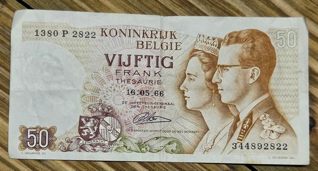 Billet belge de 50 francs 1966 numéro 3448928, Timbres & Monnaies, Billets de banque | Belgique, Enlèvement ou Envoi