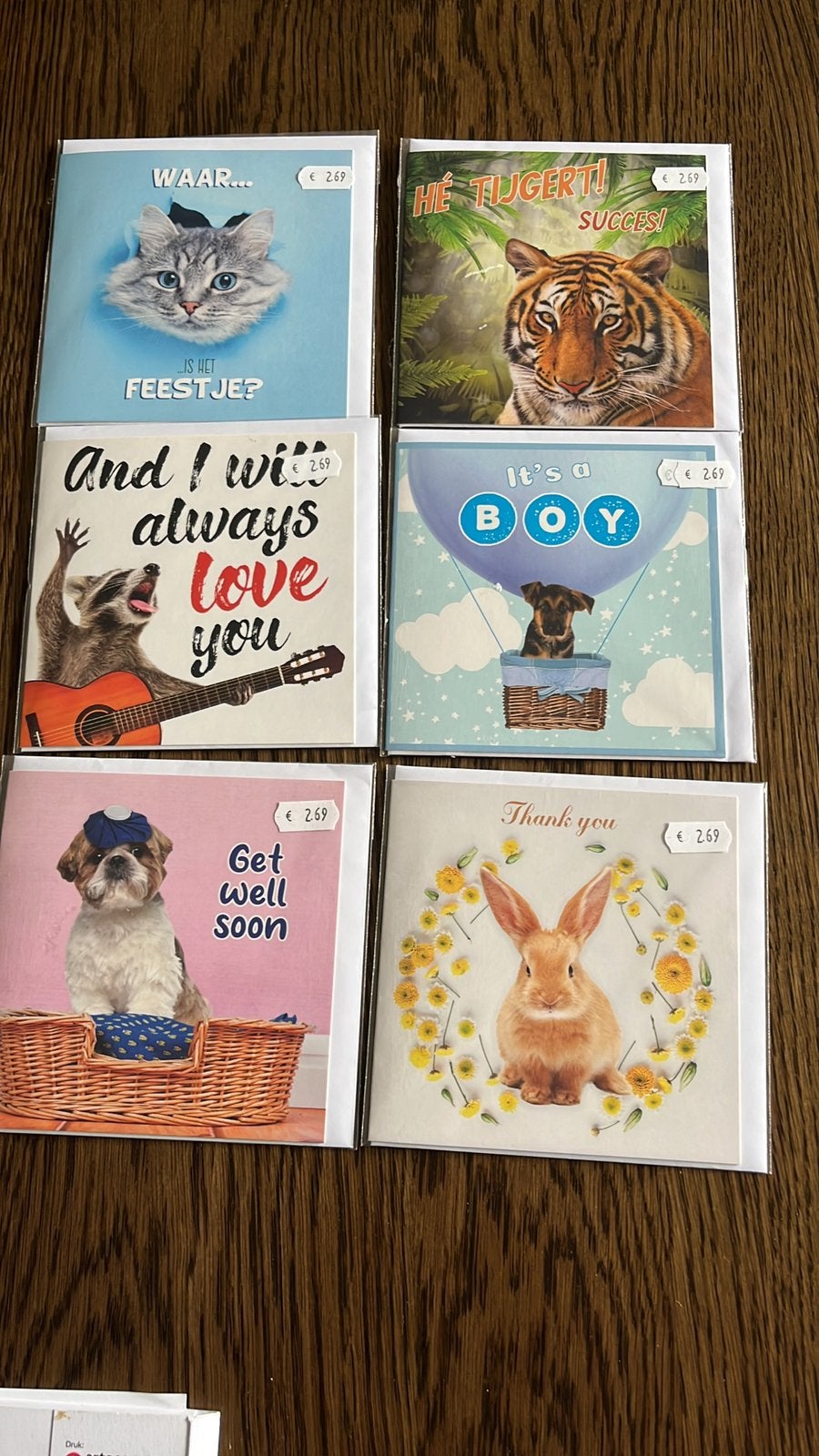 6 wenskaarten met dierenprentjes, Divers, Enlèvement ou Envoi, Comme neuf
