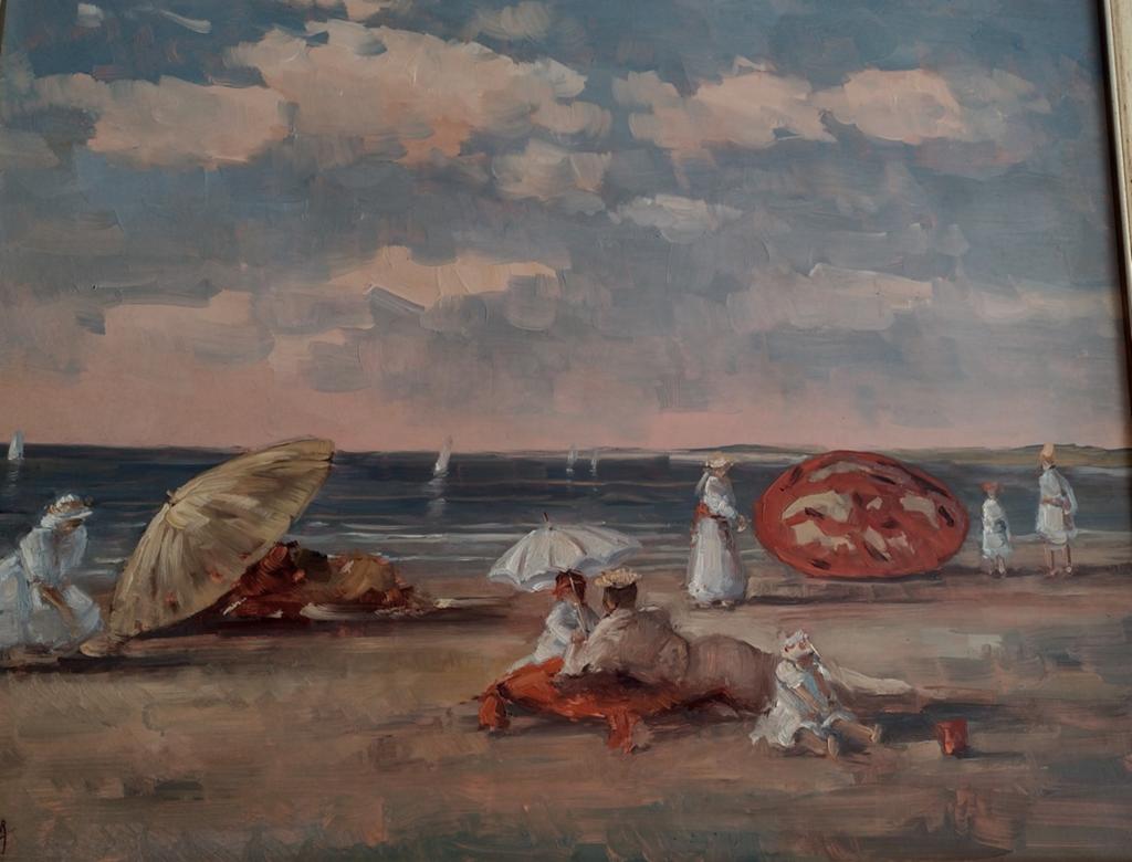 Strandscene olie op paneel, Antiek en Kunst, Kunst | Schilderijen | Klassiek, Ophalen of Verzenden