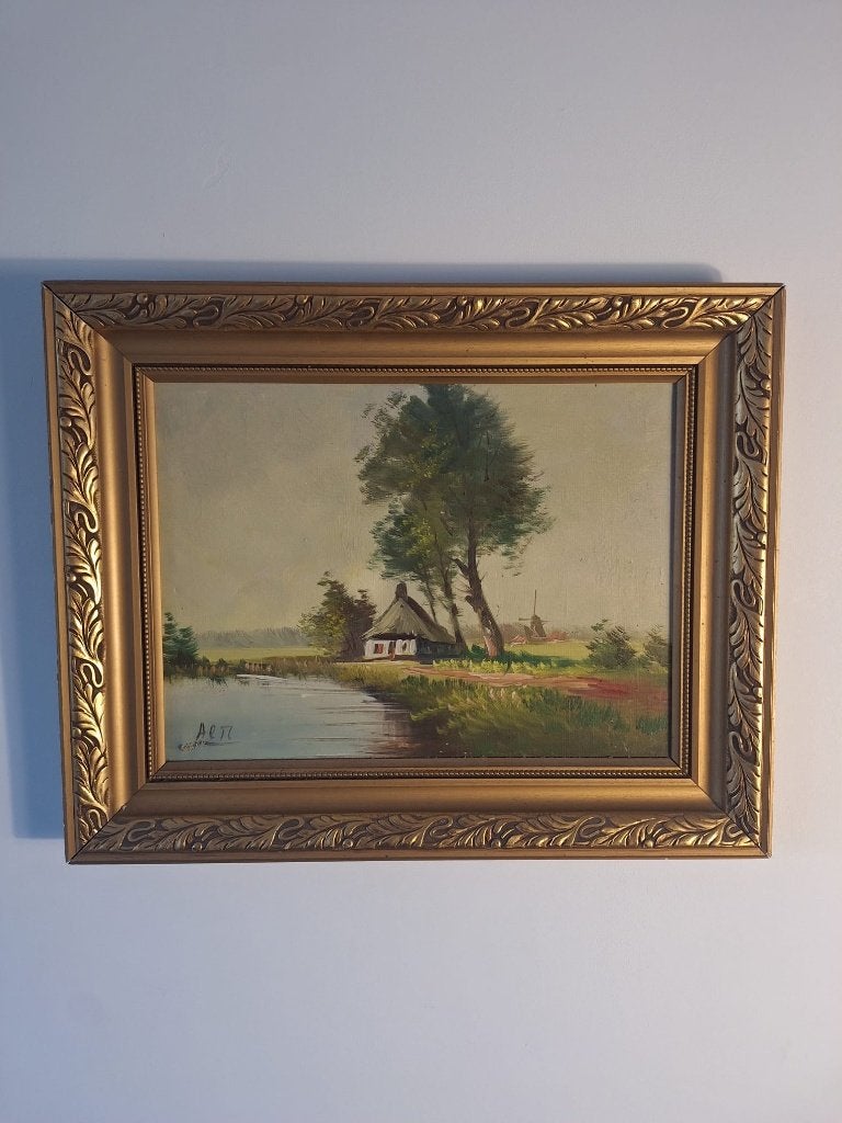 Olieverfschilderij Landschap met boerderij en molen, Antiek en Kunst, Kunst | Schilderijen | Klassiek, Doek, Realistisch, Ophalen of Verzenden