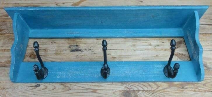 Landelijk blauw brocante keukenrekje met 3 haken, Antiek en Kunst, Ophalen of Verzenden