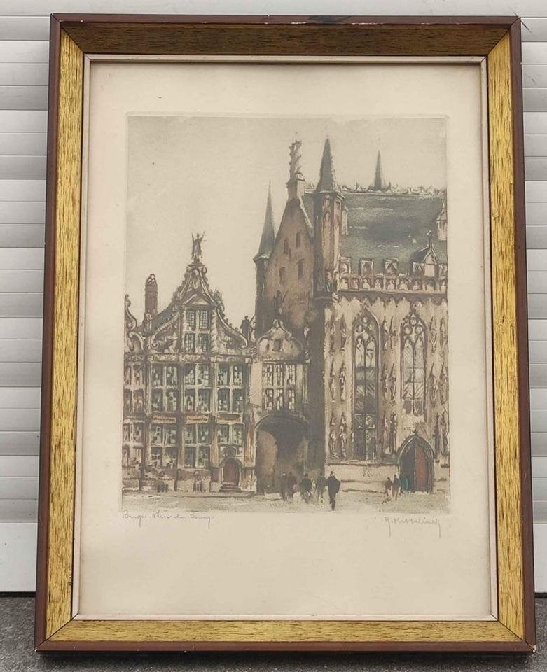 Gravure Bruges place du bourg signe Roger hebbelinck, Enlèvement ou Envoi, Gravure