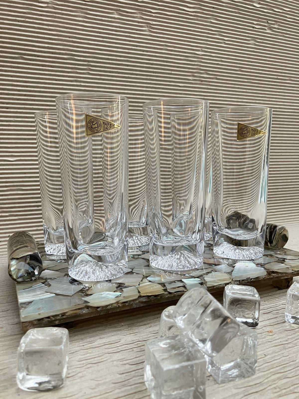 Set de bar vintage : 6 verres RCR + plateau à perles, Verre ou Verres, Enlèvement ou Envoi, Vintage, Comme neuf