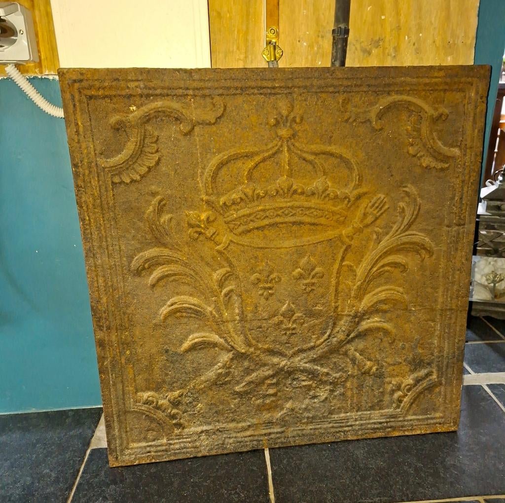 Plaque de cheminée fonte Louis XIV blason fleurs lys