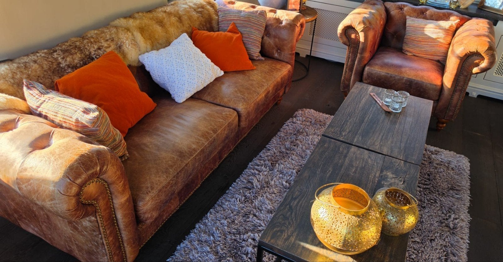 Sfeervol Cognac Lederen Bankstel (3-zits + Fauteuil), Ophalen, Gebruikt, Leer, Landelijk industrieel