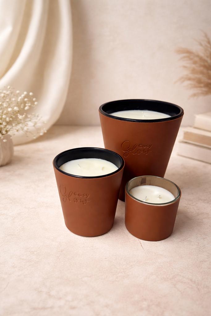 Set luxe geurkaarsen – 3 formaten stijlvolle bruine houders, Kunststof, Bruin, Verzenden, Nieuw
