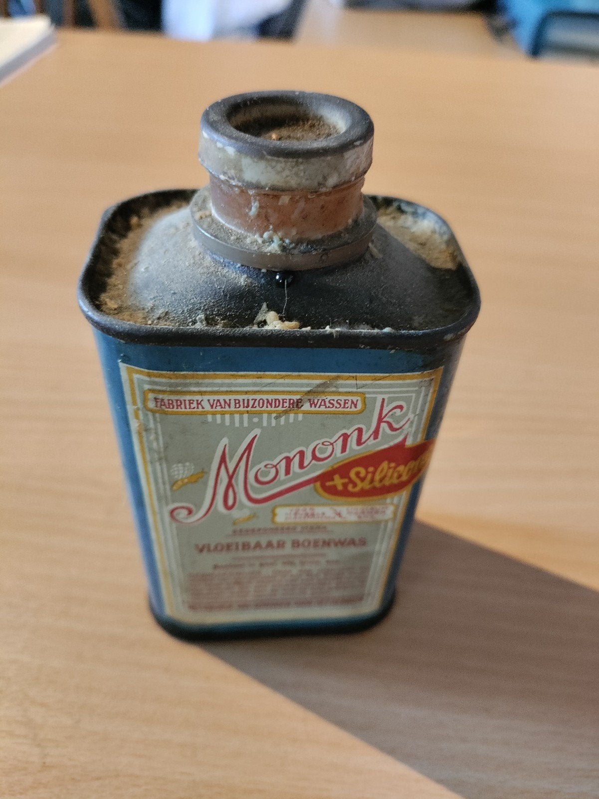 Vintage Mononk Vloeibaar Boenwas blik - Antiek Belgisch, Verzamelen, Ophalen
