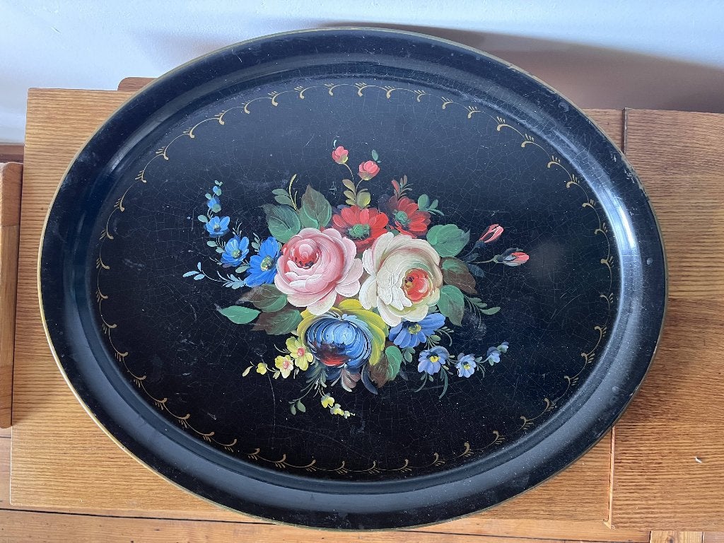 XL vintage metalen dienblad - handbeschilderd - italië, Ophalen, Gebruikt, Dienblad, Metaal