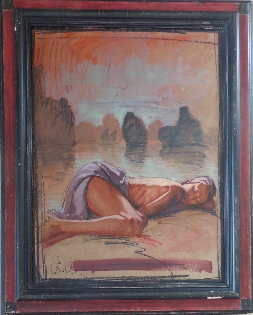 NICO VRIELINK / LIGGENDE VROUW / OLIEVERF / 112x90cm / KADER, Ophalen, Figuren, Gesigneerd, Papier/karton