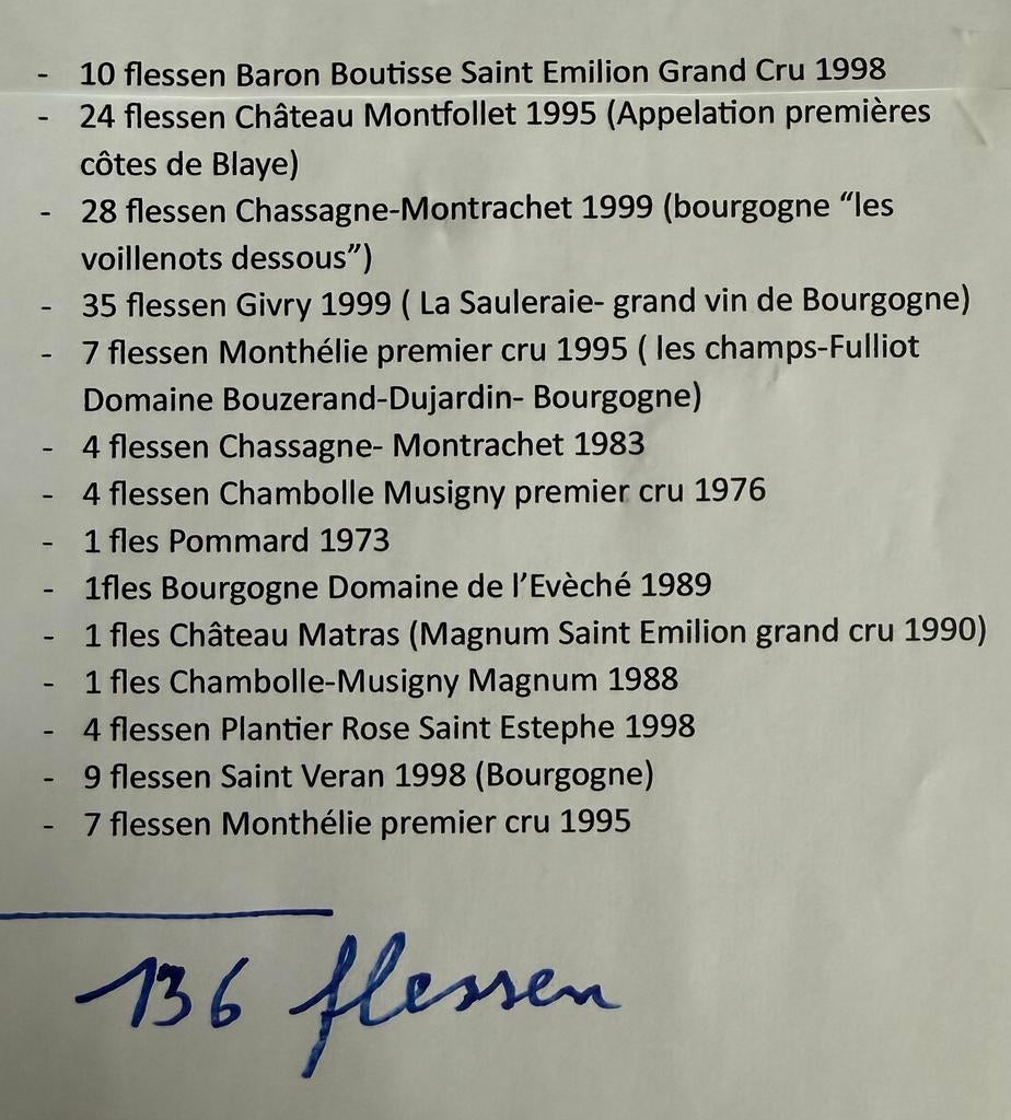 Wijnkelder te koop: 136 flessen Bourgogne en Bordeaux, Verzamelen, Ophalen, Zo goed als nieuw