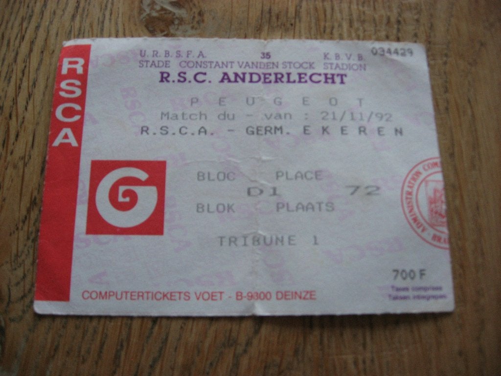 Oud Ticket 1992 RSC Anderlecht - Germ. Ekeren, Verzamelen, Ophalen of Verzenden, Zo goed als nieuw, Poster, Plaatje of Sticker