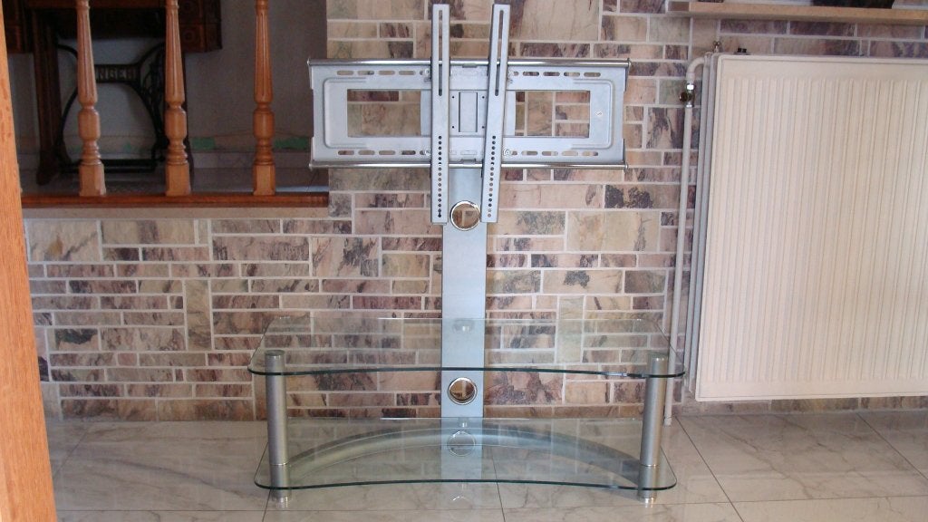 Meuble TV en verre, avec support en métal pivotant, 25 à 50 cm, Comme neuf, Enlèvement, 100 à 150 cm