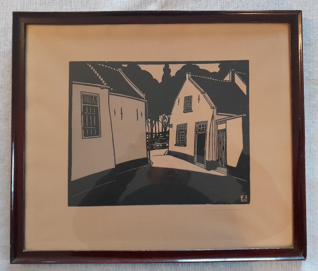 Linosnede met onbekende signatuur, Antiek en Kunst, Ophalen, Stadsgezicht, 43 cm, 50 cm