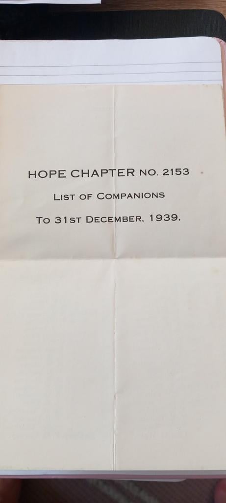 Hope Chapter no 2153 31/12/1939, Ophalen of Verzenden