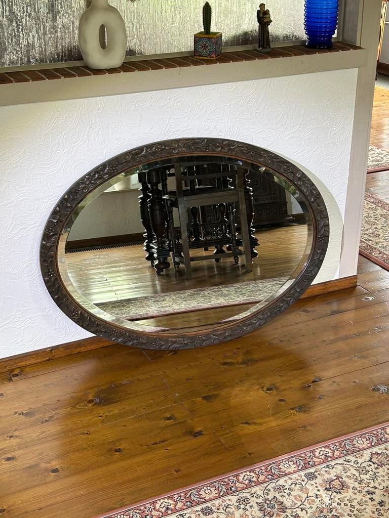 Antieke ovalen spiegel met hout rand, Ophalen, Ovaal, 50 tot 100 cm, Minder dan 100 cm