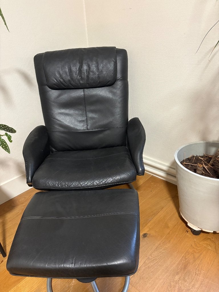 Zwarte lederen fauteuil, Huis en Inrichting, Ophalen, Gebruikt, Leer