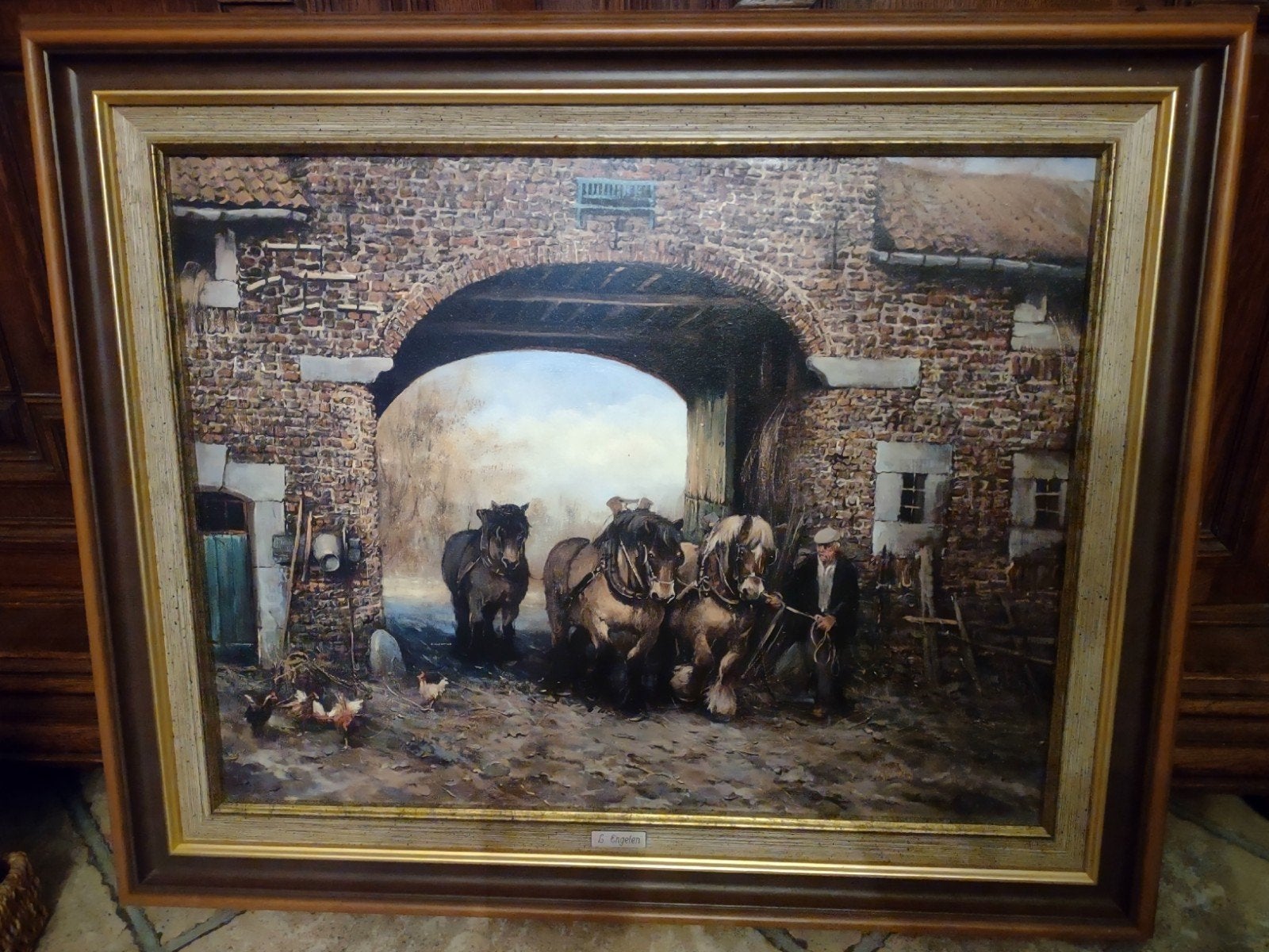 Boer met 3 paarden onder poort.  Leon Engelen, Antiek en Kunst, Ophalen, Ingelijst, Olieverf