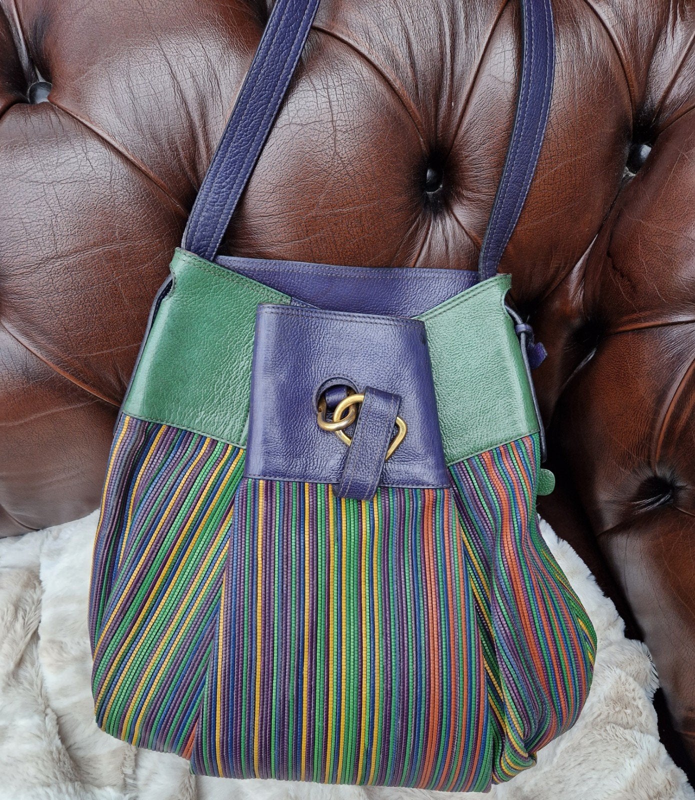 Heel mooie paars-groene Delvaux schoudertas in toile de cuir, Handtassen en Accessoires, Ophalen of Verzenden, Paars