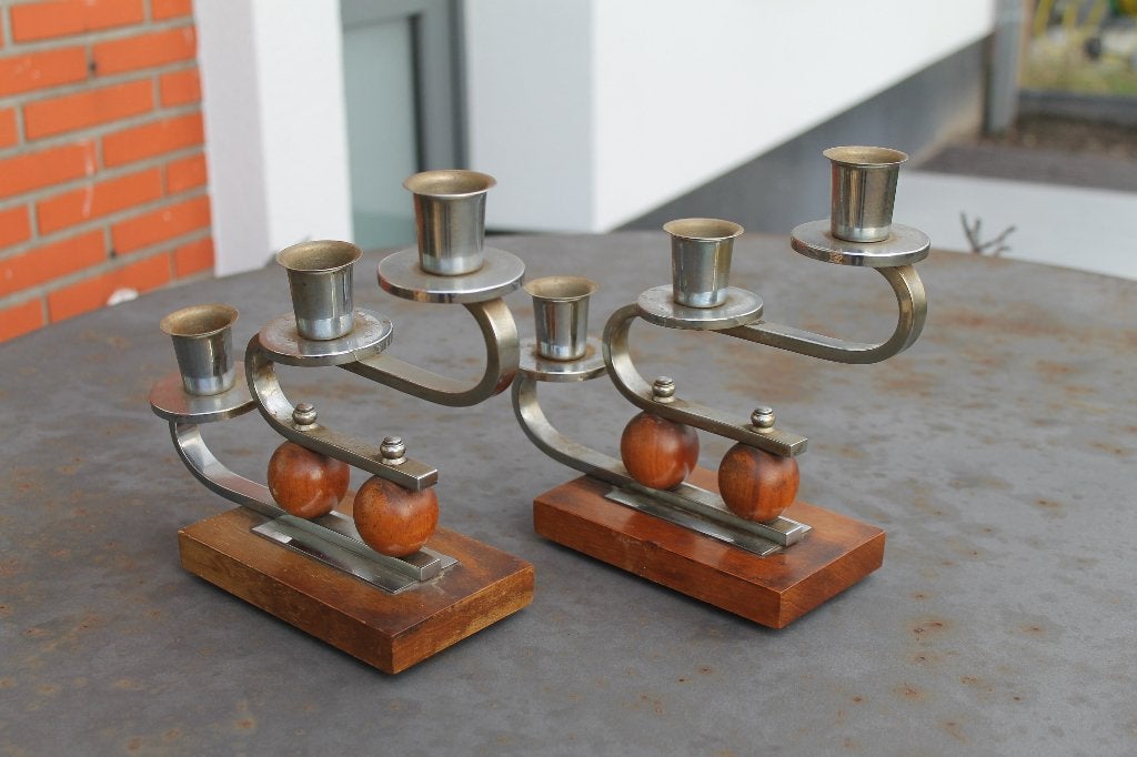 2 Art-Deco kandelaars, Vintage , Chroom Hout, Ophalen of Verzenden