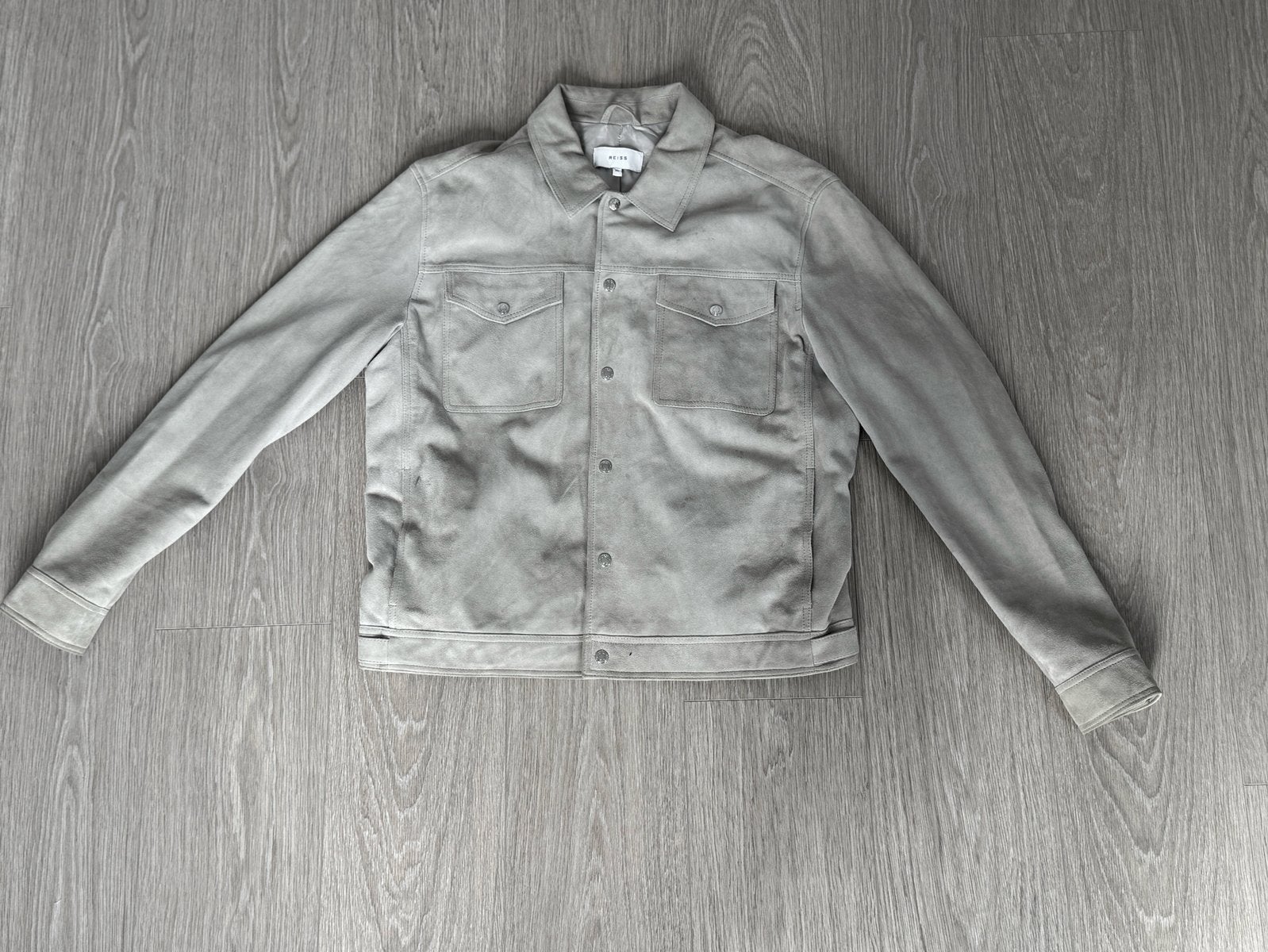 REISS London – Grijze Leren Jas – Echt Geitenleer, Kleding | Dames, Jassen | Zomer, Ophalen, Gedragen, Maat 46/48 (XL) of groter