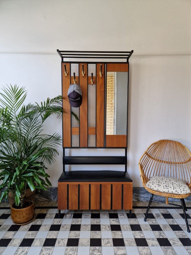Vintage midcentury kapstokmeubel | halmeubel | kast, Gebruikt, 150 tot 200 cm, Hout, Ophalen