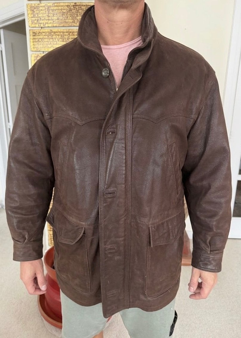 Veste / Manteau homme en cuir marron – Taille 52, Ophalen of Verzenden, Zo goed als nieuw, Bruin