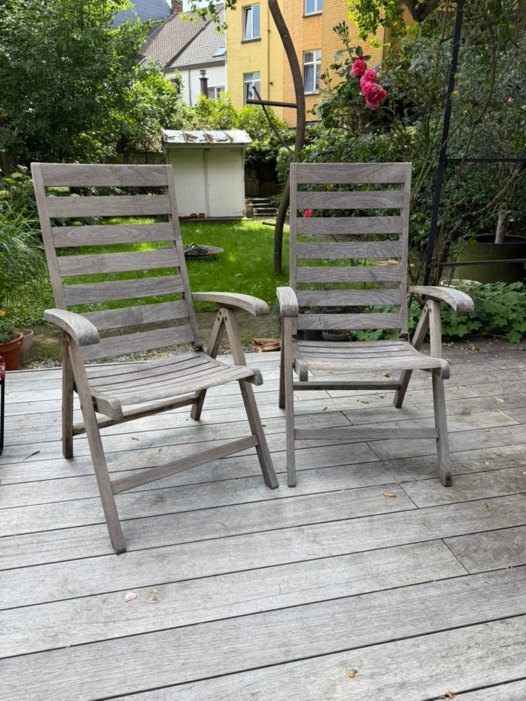 Tuinstoel in teak met verstelbare armleuning met kussen, Tuin en Terras, Tuinstoelen, Gebruikt, Teakhout, Inklapbaar, Verstelbaar