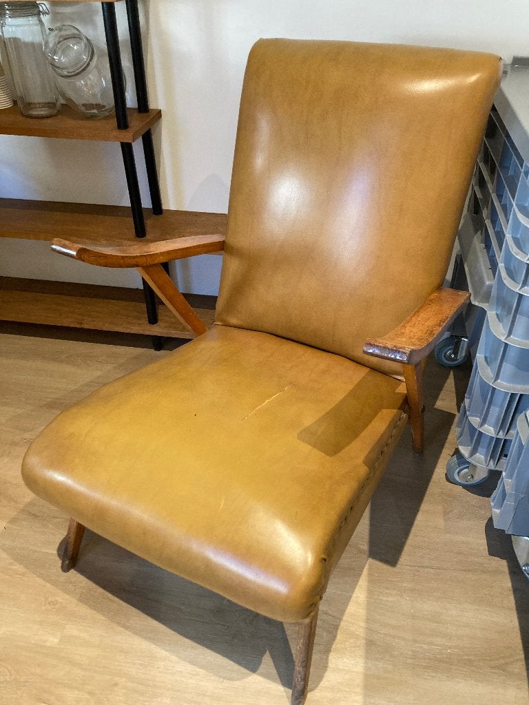 Gratis: sixties leren eenzit zeteltje, Huis en Inrichting, Fauteuils, Ophalen, Gebruikt, Minder dan 75 cm, Vintage