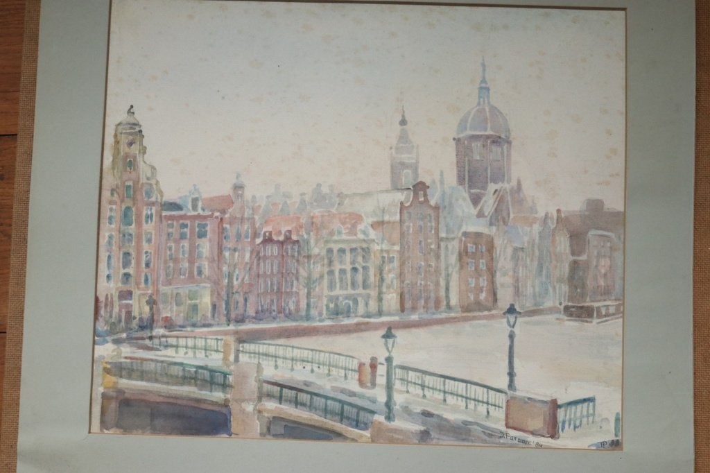 Aquarel Amsterdam stadsgezicht - J. Parson, 1984, Antiek en Kunst, Ophalen, Aquarel, Papier/karton, Gesigneerd