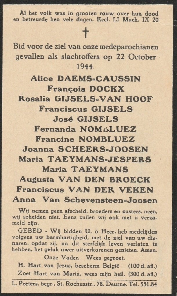 Oorlogsslachoffers 22.10.1944 V-bom Deurne zie prent, Collections, Images pieuses & Faire-part, Envoi