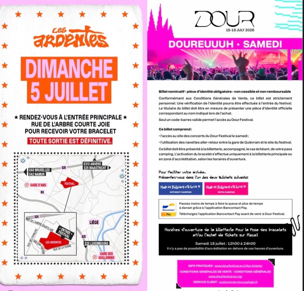 Place Dour Samedi 18 juillet, Tickets en Kaartjes, Evenementen en Festivals, Eén persoon