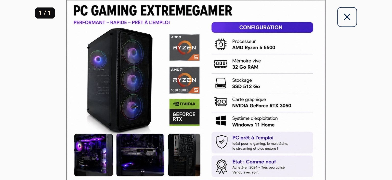Pc Gamer Ryzen 5 5500 Nvidia 3050 32Gb Ram Comme Neuf, Computers en Software, Overige Computers en Software, Ophalen of Verzenden