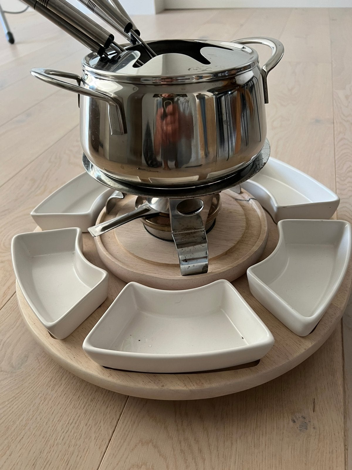 Fonduetoestel op houten draaiplateau, Enlèvement ou Envoi, Comme neuf