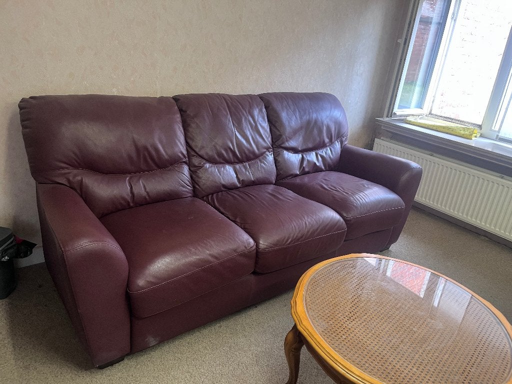 Gratis af te halen: vintage lederen zetel + 2 fauteuils, Huis en Inrichting, Ophalen, Gebruikt