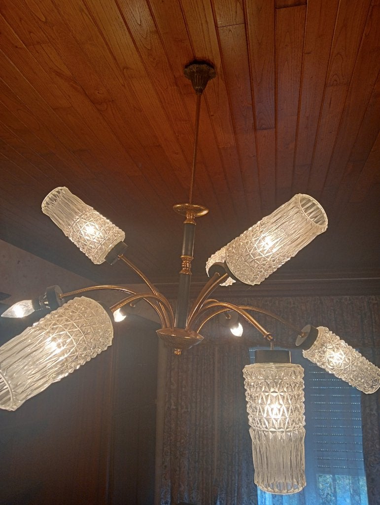 Lustre vintage modèle araignée abat-jour en verre, Maison & Meubles, Enlèvement, Utilisé, Verre, Jaren '60
